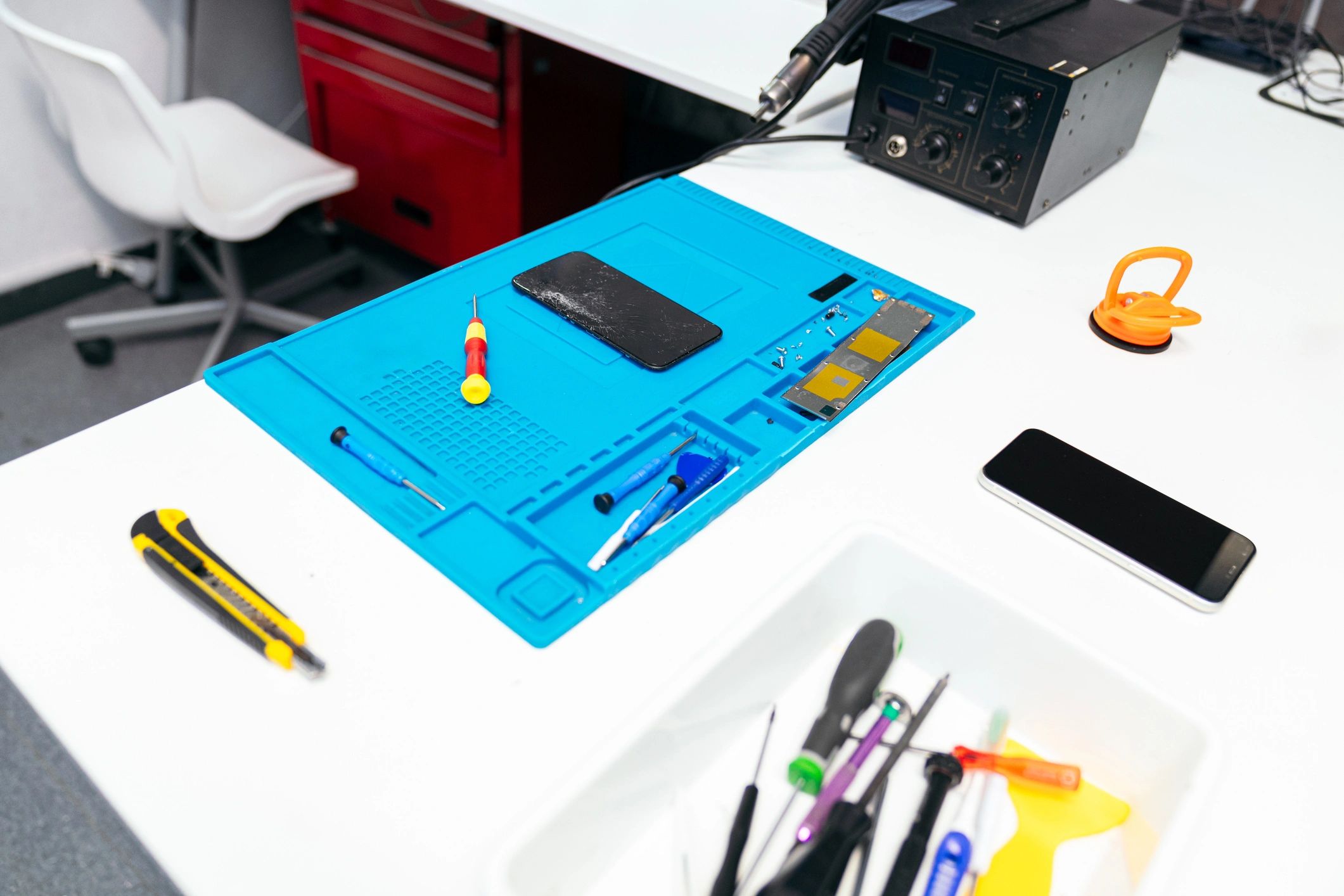 Electronics repair laboratory workstation with professional tools