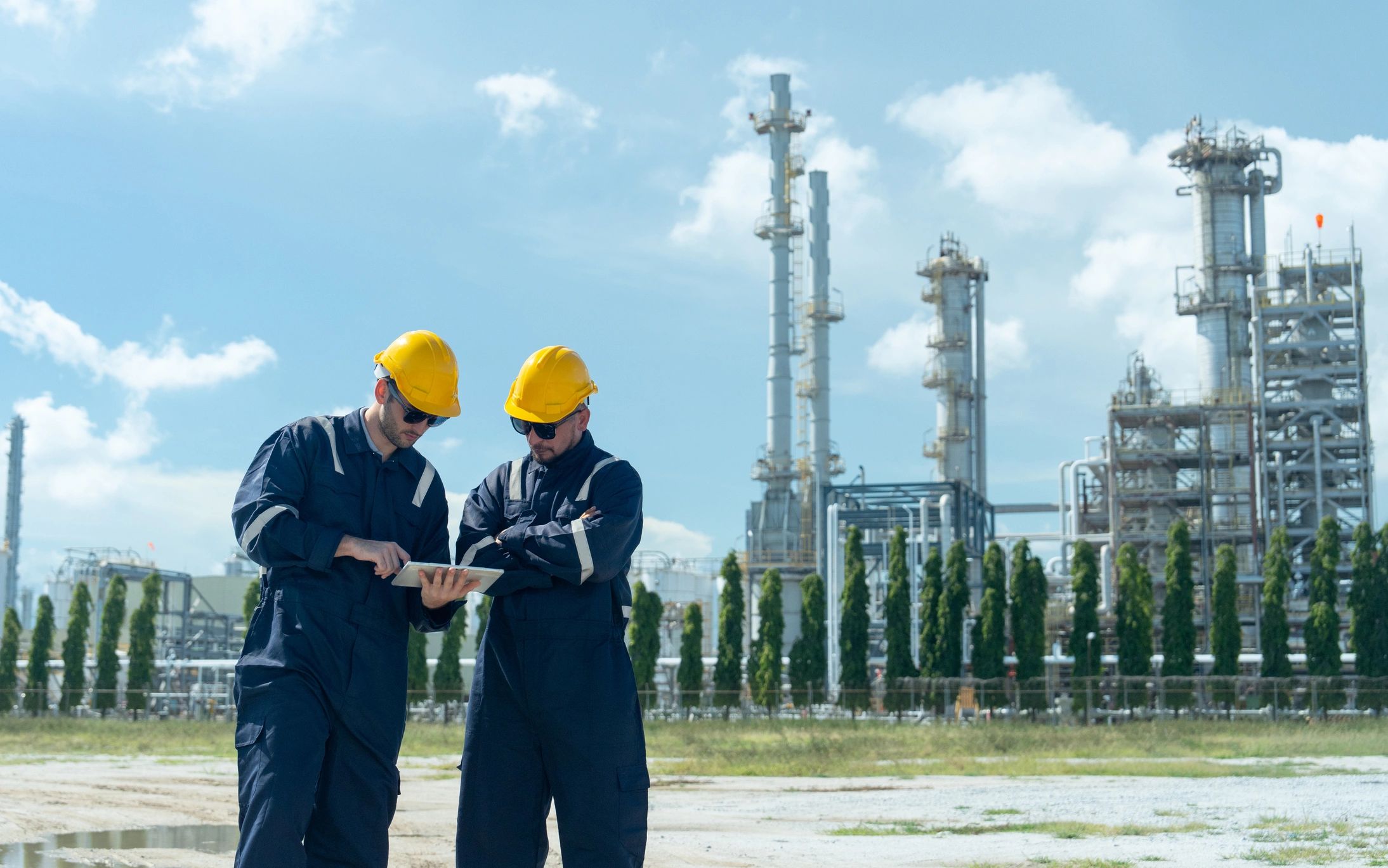 Engineers reviewing industrial energy systems at a plant