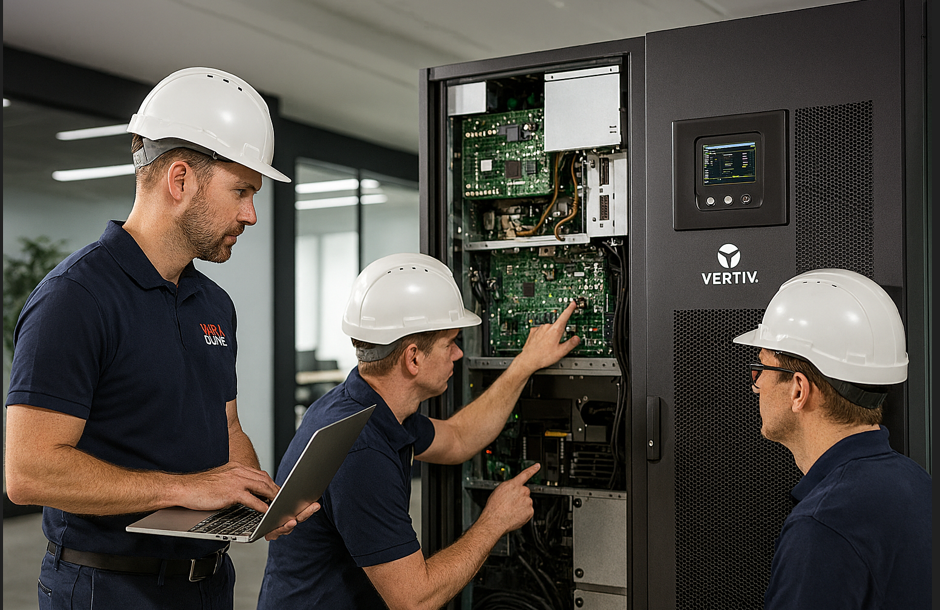 Técnicos de STARCOMPUTO con casco cambiando baterías de una UPS